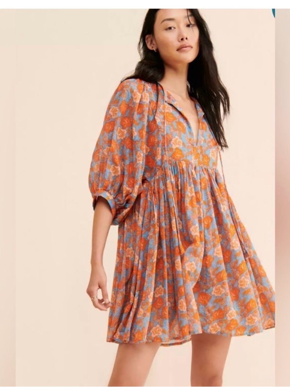 Sundry Orange and Blue Floral Puff-Sleeve Mini Dress - Picture 1 of 6